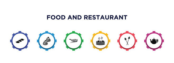 food and restaurant filled icons with infographic template. glyph icons such as doguinho, zongzi, buddhas delight, xiao long bao, tanghulu, tea pot vector.