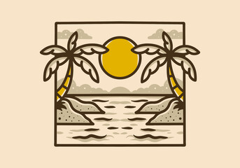 Illustration drawing of a beach view on square frame