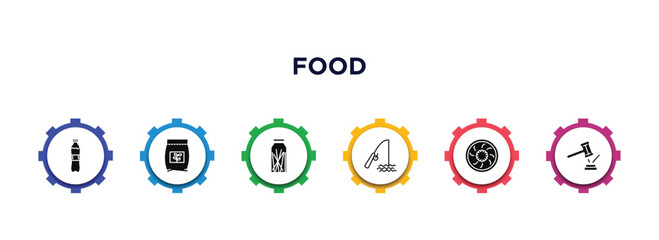 food filled icons with infographic template. glyph icons such as plastic water bottle, fodder, spaguetti, fishing tool, yusheng, fair vector.
