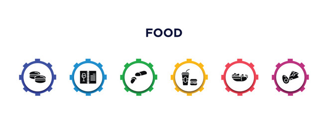 food filled icons with infographic template. glyph icons such as arons, drinks menu, marzipan, junk food, worms, dairy vector.
