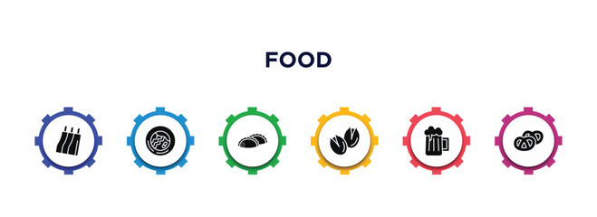 food filled icons with infographic template. glyph icons such as ribs, wonton noodles, dumpling, pistachio, beers, pretzel vector.