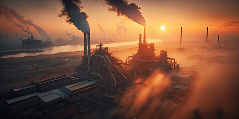 Obraz premium Industrial metallurgical plant dawn. Smoke, smog emissions - Generative AI