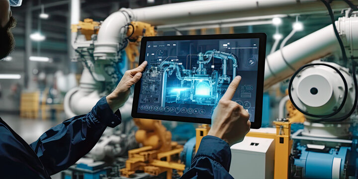 Industrial engineer in factory using smart tablet and glass - Generative AI