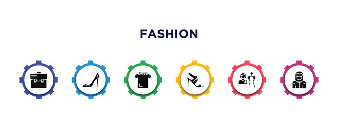 fashion filled icons with infographic template. glyph icons such as book bag, high heel shoes, drying, high heel sandals, tailor, hazmat vector.