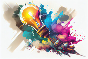 Colourful sketch with large light bulb, rocket launch, cogwheel, business