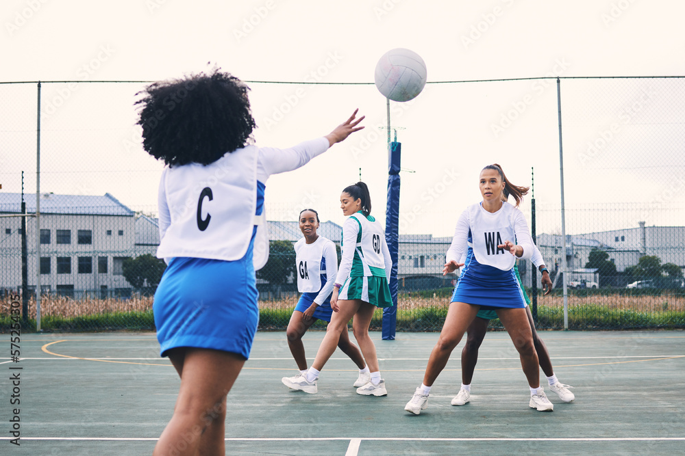 Poster Fitness, sports and netball match by women at outdoor court for training, workout and practice. Exercise, students and girl team with ball for competition, speed and performance while active at field