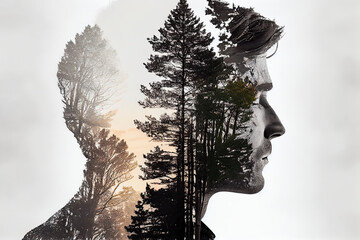Double exposure of man and trees