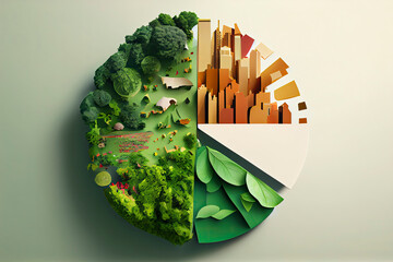 Pie chart with city and lush greenery environmental sustainability climate change - obrazy, fototapety, plakaty