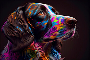 portrait of a dog full of colorful paint