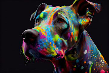 portrait of a dog full of colorful paint