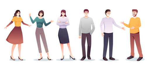 set of character man and woman in casual wear standing vector illustration
