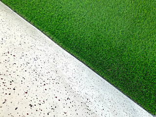 white concrete background with polka dots and green grass