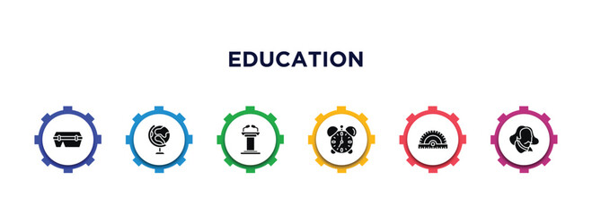 education filled icons with infographic template. glyph icons such as lunch box, earth globe, lectern, alarm clock, rulers, shakespeare vector.