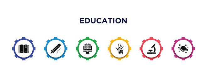 education filled icons with infographic template. glyph icons such as book with bookmark, ballpoint pen, studies, hand care, biology microscope, planet saturn vector.