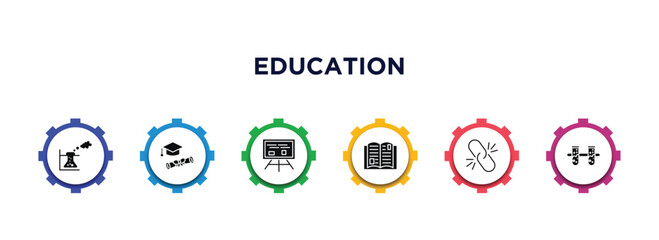 education filled icons with infographic template. glyph icons such as experimentation, graduation diploma, writing whiteboard, reading an open book, binding, communicating vessels vector. - obrazy, fototapety, plakaty