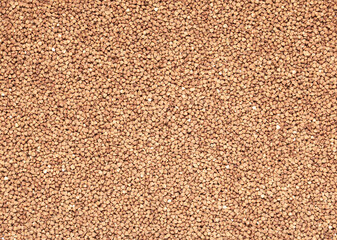 Food background. Brown dry grains of buckwheat lie tightly on the surface