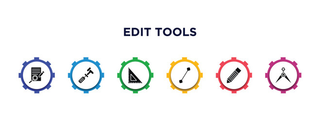 edit tools filled icons with infographic template. glyph icons such as defining, cobbler, school triangle, line tool, pen edit, calipers vector.