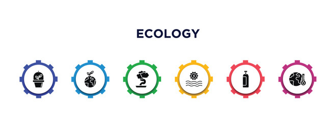 ecology filled icons with infographic template. glyph icons such as ecologism, green earth, bonsai, hydraulic energy, plastic bottle, greenhouse effect vector.