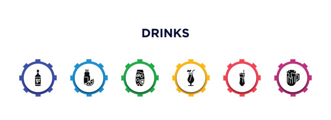 drinks filled icons with infographic template. glyph icons such as malibu, juice bottle, tom collins, tequila sunrise, ramos gin fizz, pub vector.