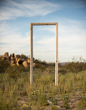 A door frame stands in a field near Palmdale, California.