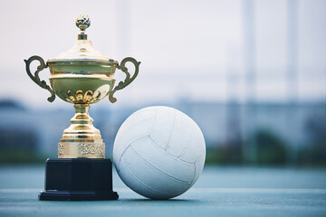 Gold, winner and sports with trophy and netball for achievement, award and championship....