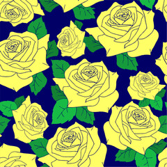 seamless pattern of large yellow rose flowers with leaves on a blue background, texture, design