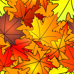 bright autumn seamless pattern of maple yellow and red leaves on a red background, texture, design