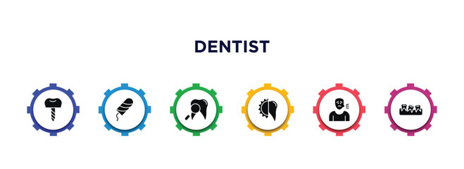 dentist filled icons with infographic template. glyph icons such as dental prosthesis, tampon, dentist, apicoectomy, sick boy, malocclusion vector.