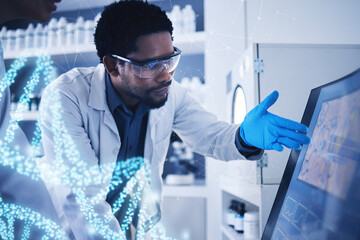 Teamwork, overlay or black man doctor on computer for dna research, medical innovation or bacteria analysis. Scientist, nurse or healthcare worker on tech reading anatomy study or genetics results