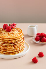 Summer still life breakfast. Stack of Pancakes with berries close up. Stories wallpaper 