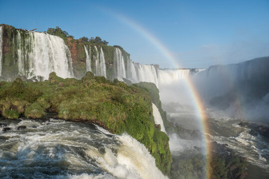 Rainbow against splashing waterfalls, Parana, Brazil