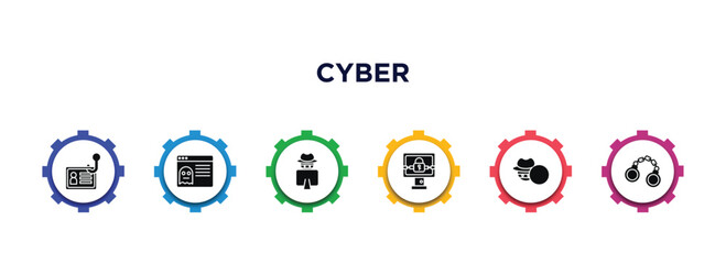 cyber filled icons with infographic template. glyph icons such as identity theft, rootkit, hacking, ransomware, stalking, crime vector.
