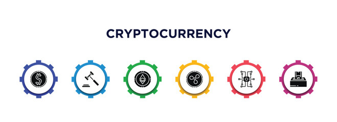 cryptocurrency filled icons with infographic template. glyph icons such as dollar, auction hammer, , ripple, decentralized, donate vector.