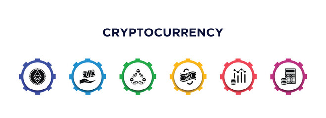 cryptocurrency filled icons with infographic template. glyph icons such as , loan, chains, currency circulate, budget diagram, budget accounting vector.