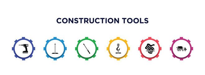 construction tools filled icons with infographic template. glyph icons such as cordless drill, cleaning mop, repair screwdriver, hook with cargo, carpenter cutter, concrete mixer vector.