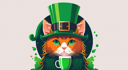 St. Patrick's Day celebration background. Leprechaun cat in green hat with green beer Generative ai