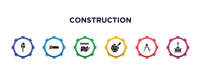 construction filled icons with infographic template. glyph icons such as home key, hacksaw, measures plan, pallete, drawing compass, derrick with pallet vector.