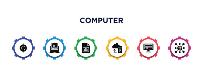 computer filled icons with infographic template. glyph icons such as calibrate, computer video, data analyser, pc storage, computer and monitor, information network vector.