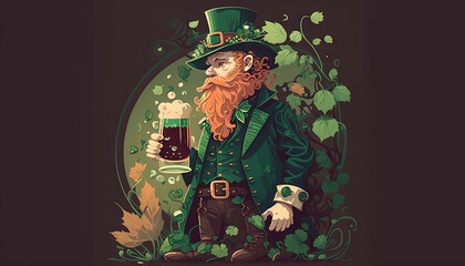 St. Patrick's day celebration background. Leprechaun man in green hat with beer flat illustration Generative ai