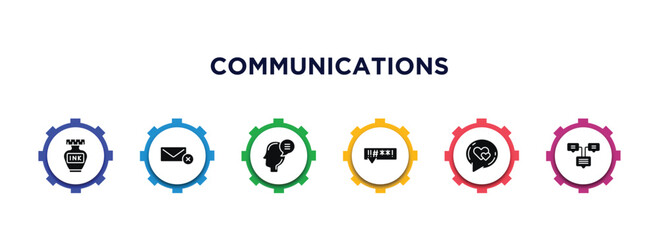 communications filled icons with infographic template. glyph icons such as ink bottle, delete email, theory, swearing, i love you, constructivism vector.