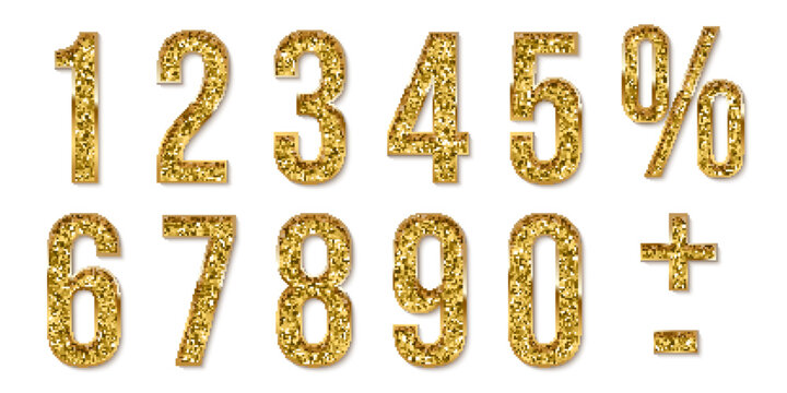 Golden numbers from zero to nine set on white background. Gold zero,one, two, three, four, five, six, seven, eight, nine, plus, minus and percent signs vector design for date or anniversary