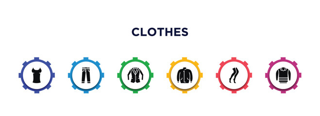 clothes filled icons with infographic template. glyph icons such as tanktop, jeans, blazer, parka, stockings, pullover vector.