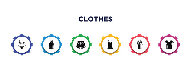 clothes filled icons with infographic template. glyph icons such as bra & knicker, tank top, short, nightwear, housecoat, jersey vector.