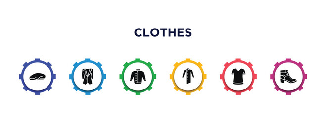 clothes filled icons with infographic template. glyph icons such as beret, dinner jacket, windbreaker, kurta, t shirt, danica shoes vector.
