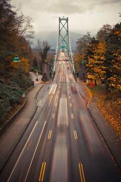 Morning traffic crosses the Lions Gate Bridge during rush hou in Vancouver, Canada.