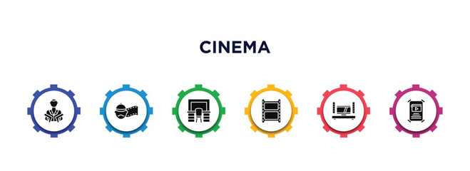 cinema filled icons with infographic template. glyph icons such as hitman, producer, dressing room, photograms, home cinema, film poster vector.