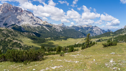 Fototapeta na wymiar Prato Piazza. Dolomites, Italy. A perspective of the ground's colors and shapes. Relaxing context. Traditional Alpine or Dolomites landscape. Amazing view of the hills and the mountains