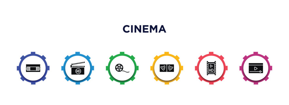 cinema filled icons with infographic template. glyph icons such as vhs, hd, movie reel, prompt box, hd movie, online movie vector.