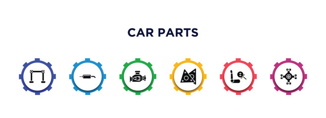 car parts filled icons with infographic template. glyph icons such as car torsion bar, car silencer, engine, gasket, air bag, universal joint vector.