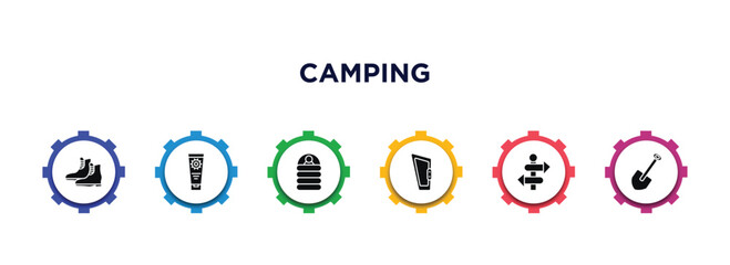 camping filled icons with infographic template. glyph icons such as boot, sun lotion, sleeping bag, carabiner, direction, shovel vector.